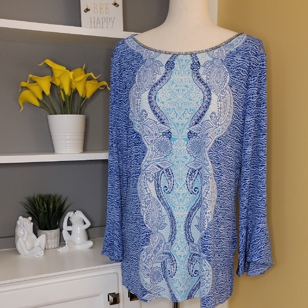 Blue Tones White Teal Top Rhinestone JM Collection Tunic